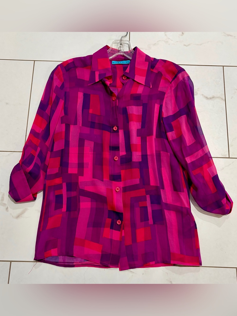 Alice + Olivia Silk Geometric Button-Down Blouse XS